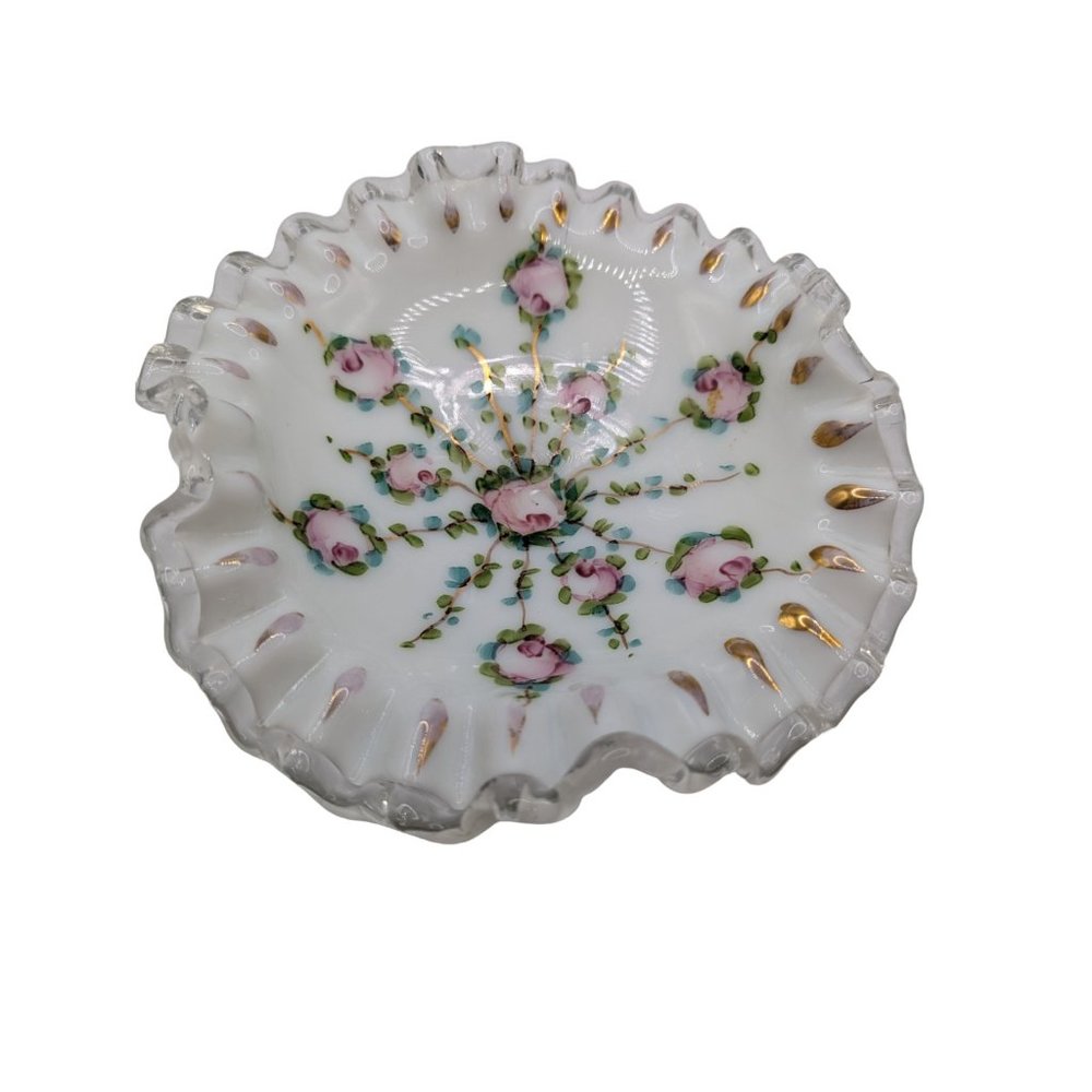 Fenton Silver Crest Charleton Rose Hand Painted Compote With Gold Trim - Picture 8 of 15